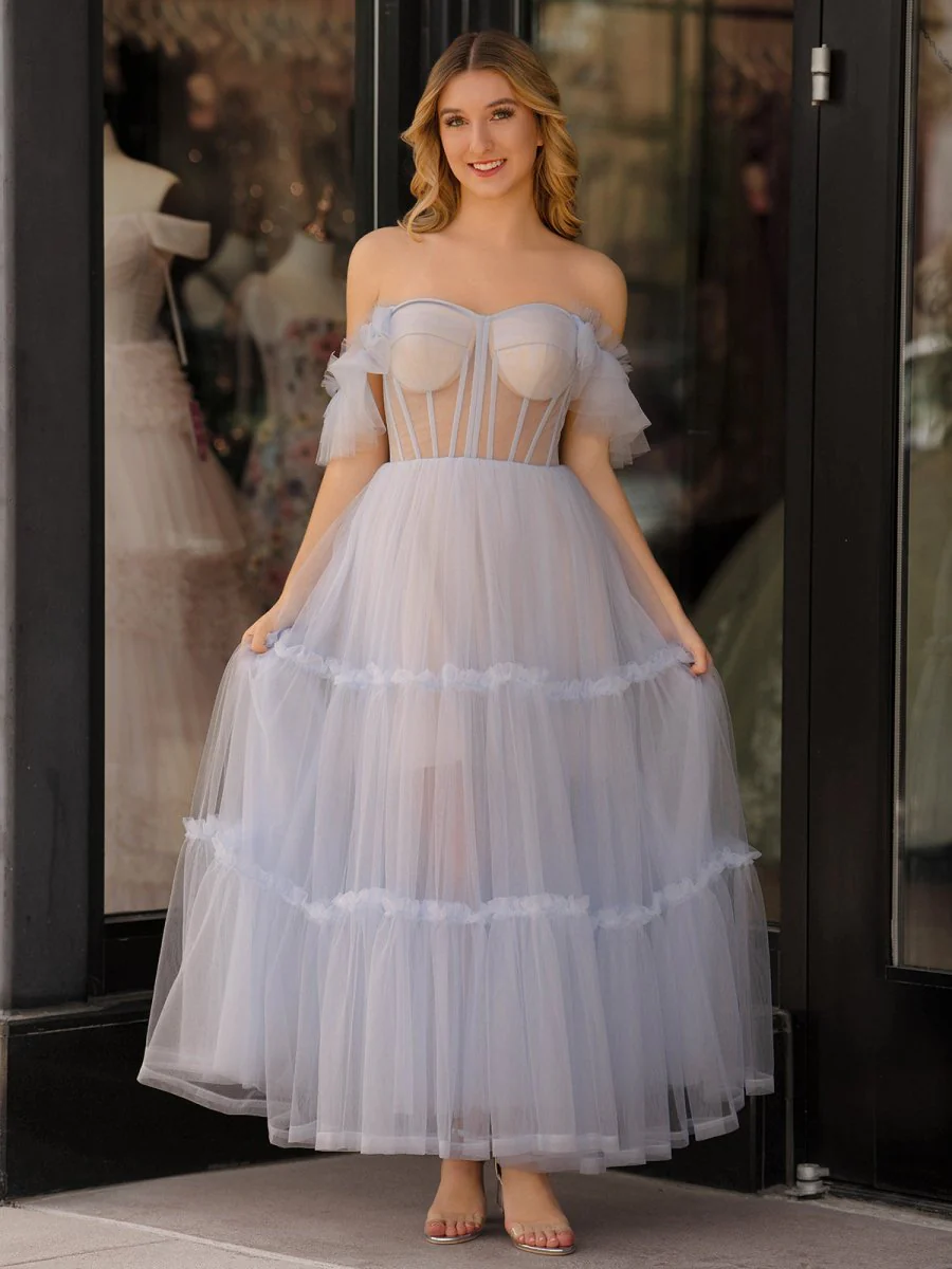 A-Line Corset Ruffled Tulle Prom Dress