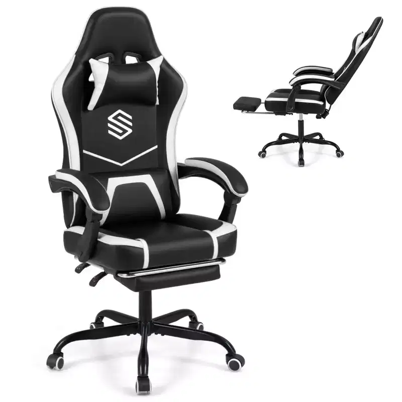 Costway Gaming Chair with Headrest, Lumbar Support, Linkage Armrests, Reclining Backrest Black & White/Navy Blue & Black