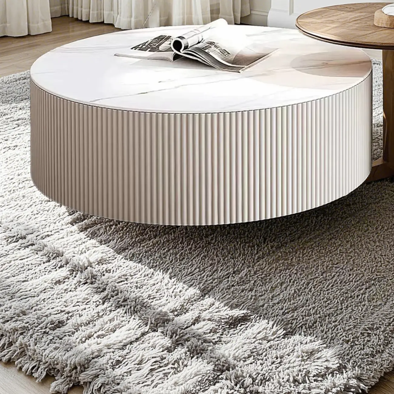 White Drum Round Wood Coffee Table with Storage