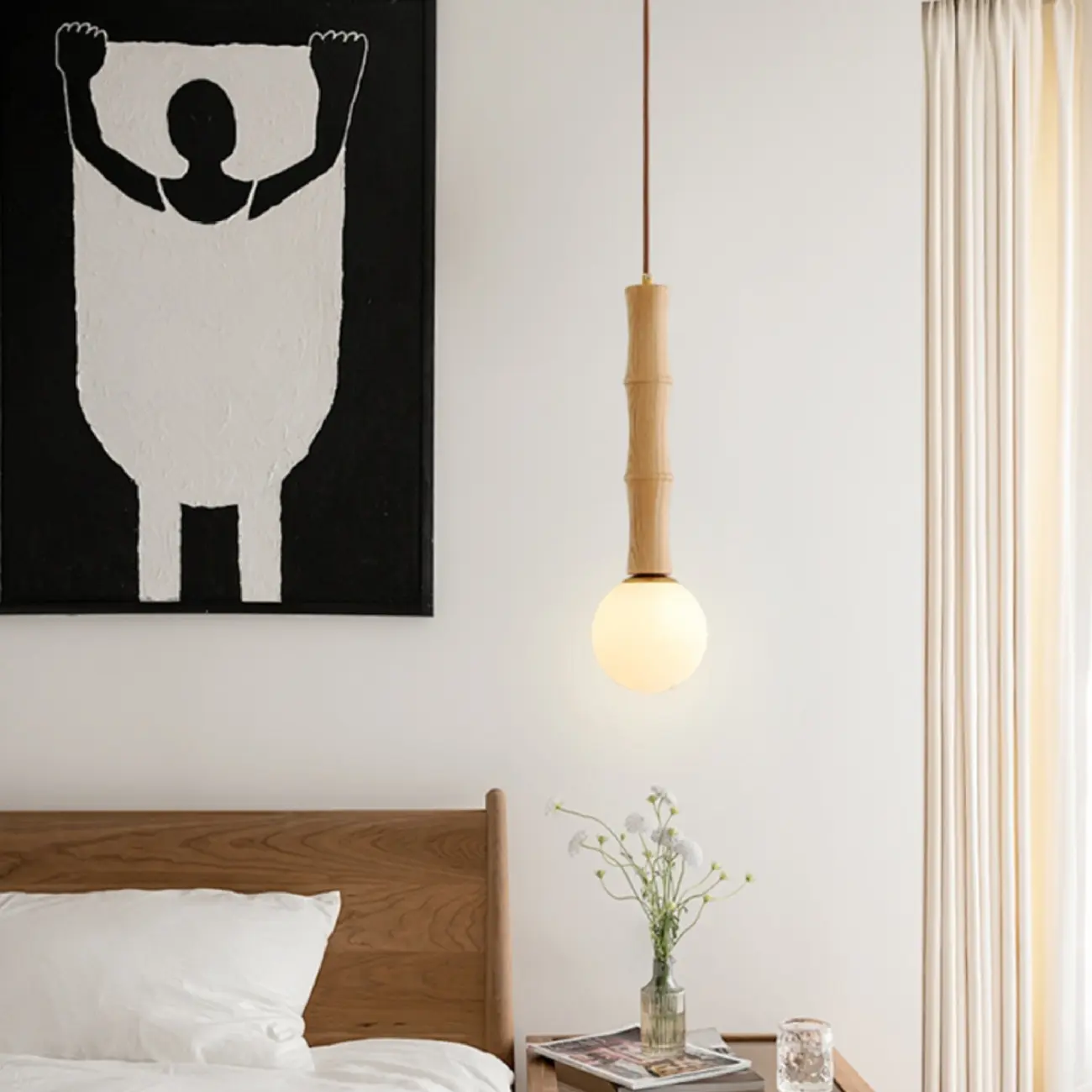 Adjustable Wood & Glass Globe Hanging Pendant Light Fixture