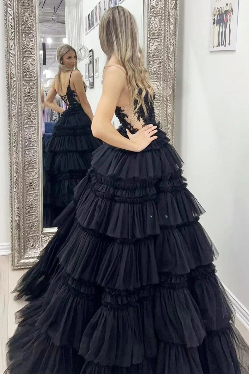 Black Beaded Spaghetti Strap Ruffle Tiered Ball Gown
