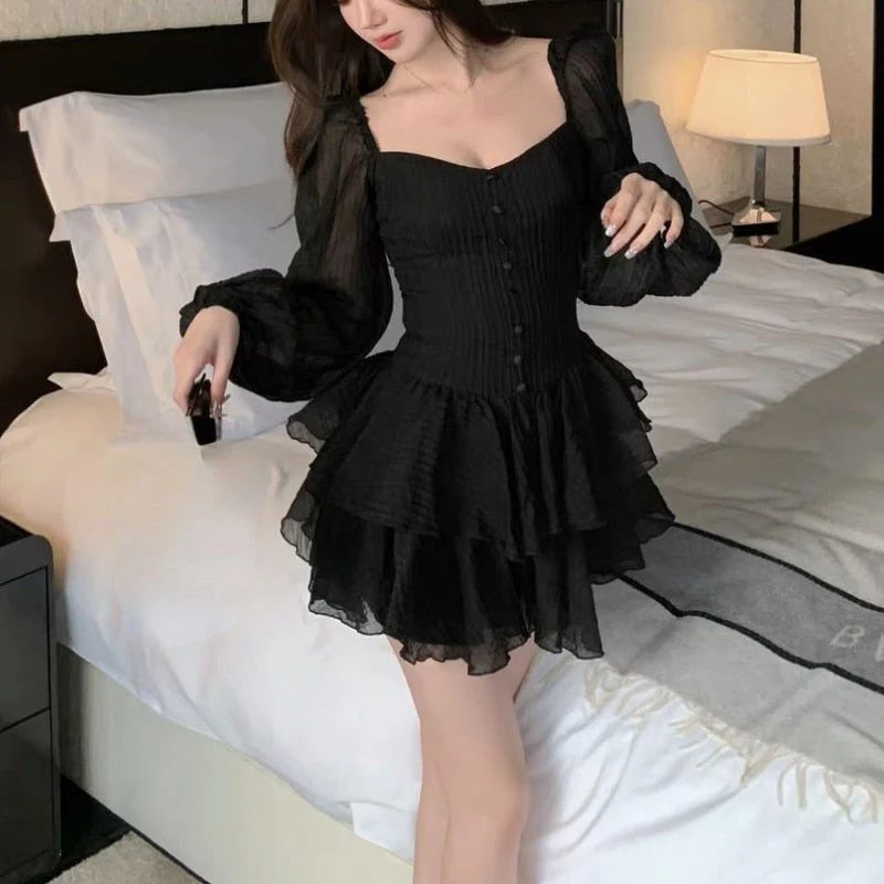 flowersverse  Summer Bodycon Mini Dress Women Chiffon Puff Sleeve Short Party Dress Elegant Square Collar One Piece Dress Korean Casual