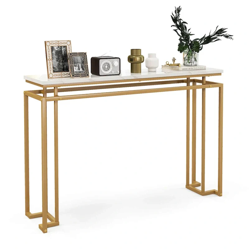 White & Gold Faux Marble Console Table, 1-Person Assembly