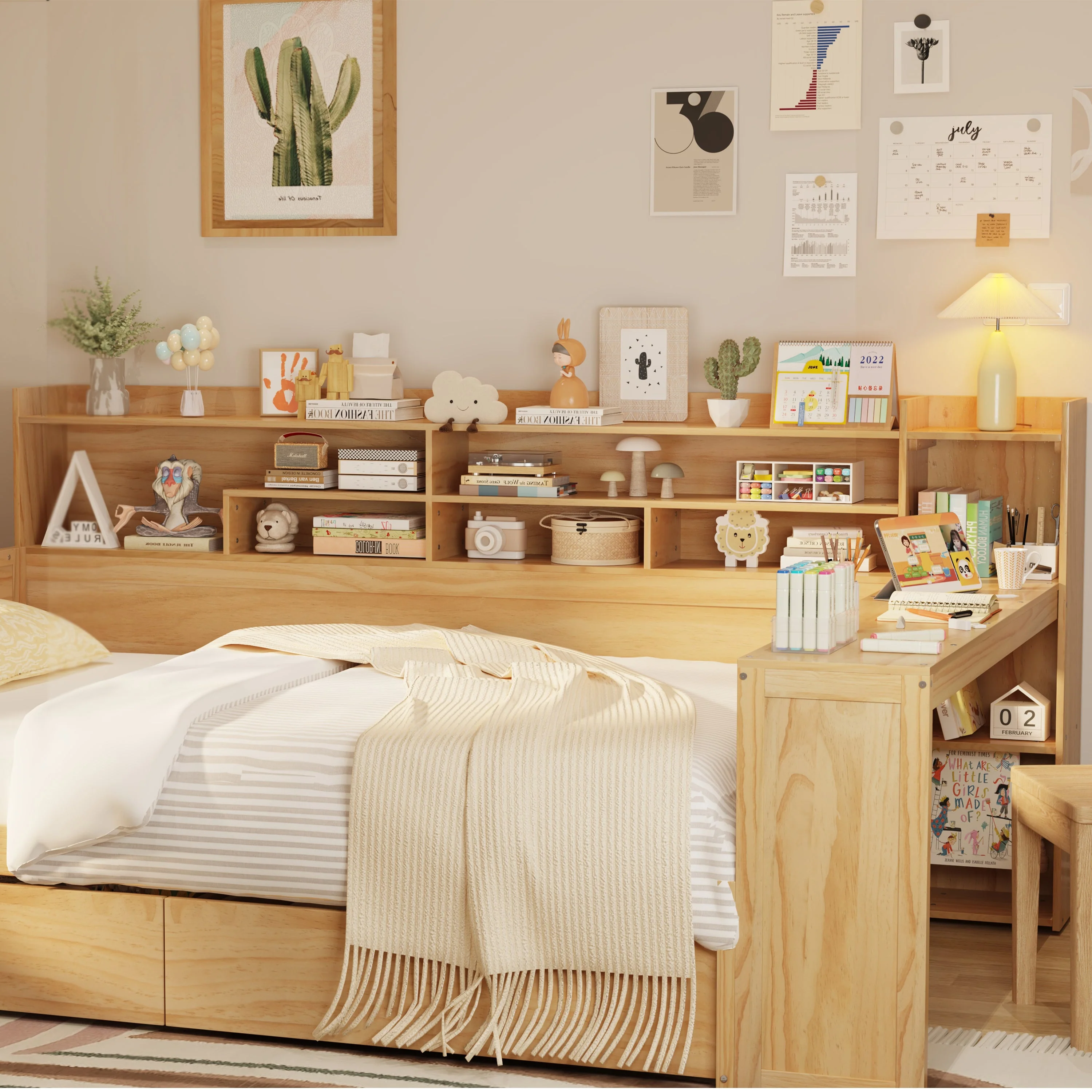 Walker Edison | Multi-functional Wooden Full Size Daybed with Storage Shelves