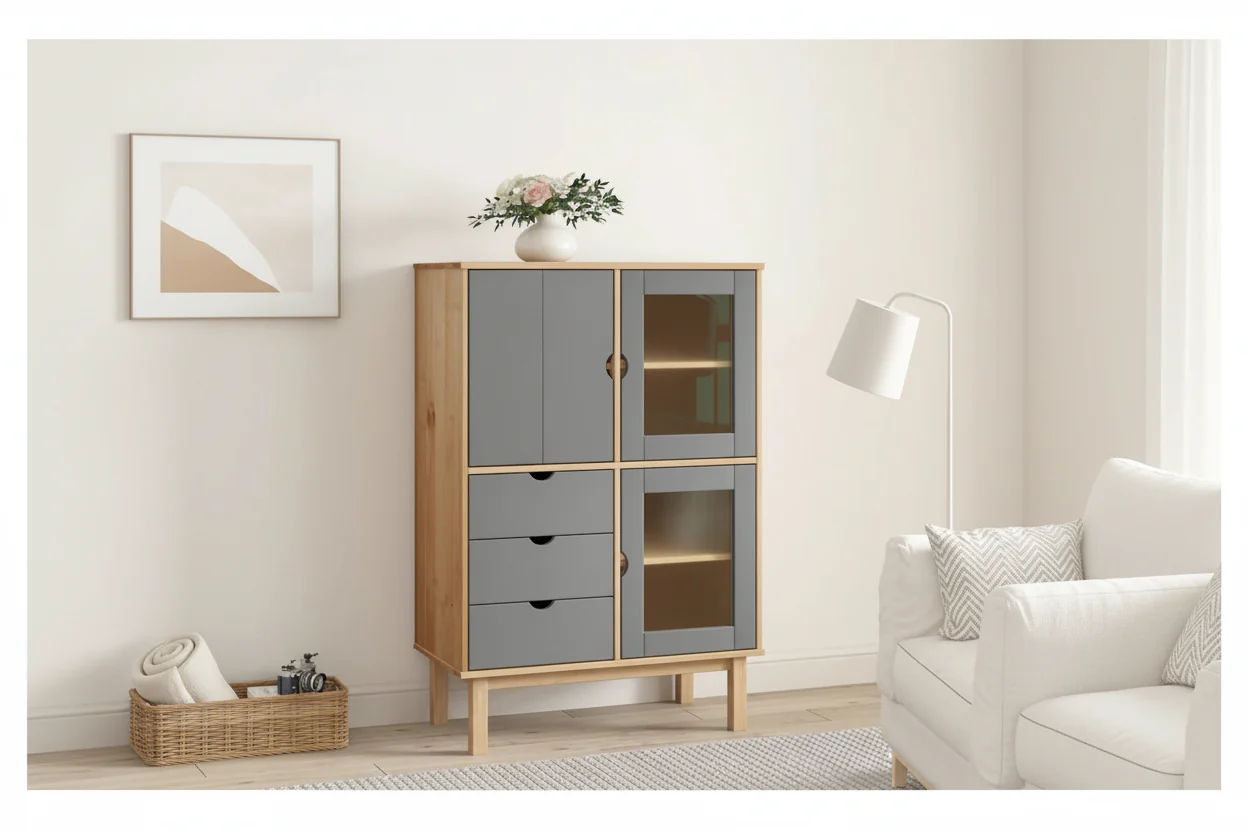 Solid Pine Wood Highboard with 3 Drawers & 3-Door Compartments, 33.5x16.9x49.2 in