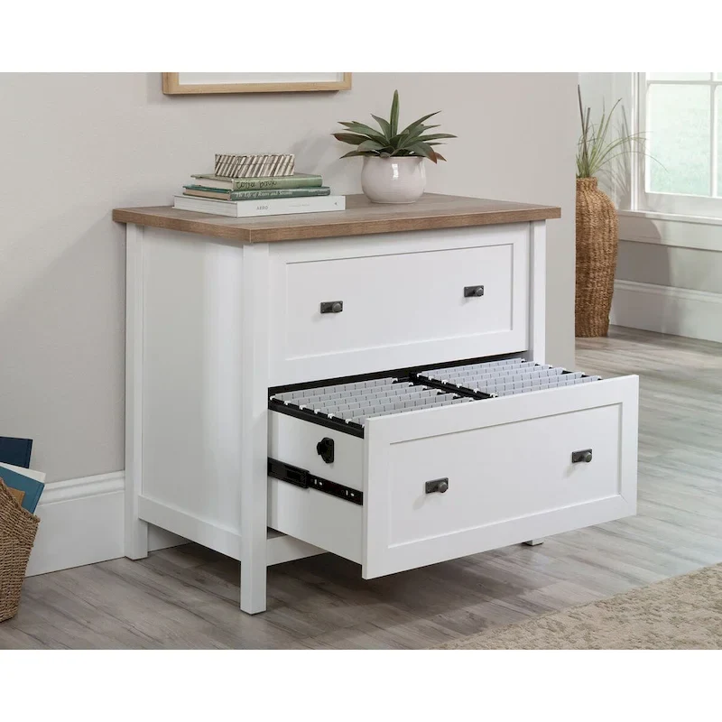 White 2-Drawer Lateral File Cabinet with Oak Accent Top, Single-User