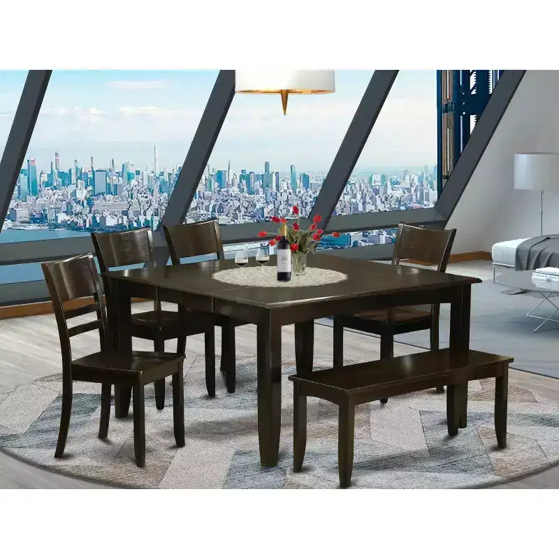 HomeStock 6-Piece Square Cappuccino Finish Solid Wood Top dining Table with 1-Bench and 4-Chairs