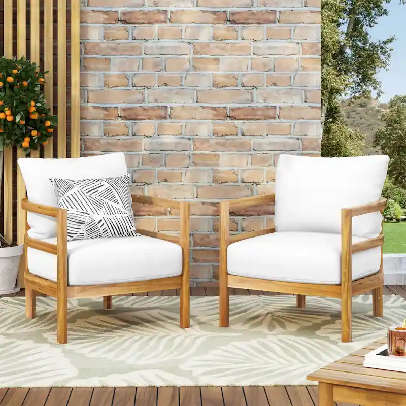 Set of 2, Outdoor Acacia Wood Patio Club Chair, Wood Patio Furniture,Waterproof Thick Cushion Deep Seating