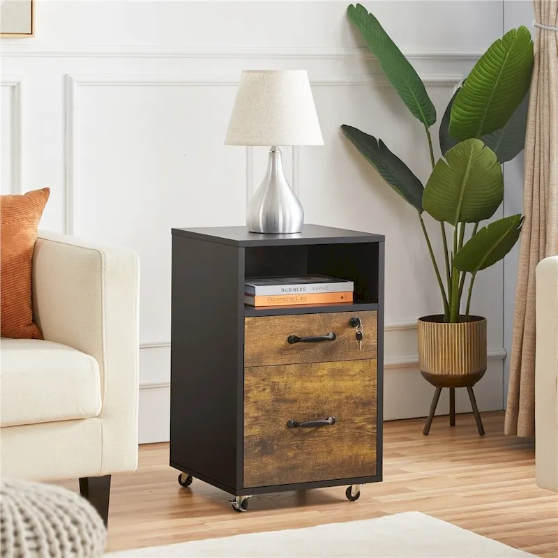 Black/Rustic Brown Rolling File Cabinet with 2 Drawers & Open Shelf