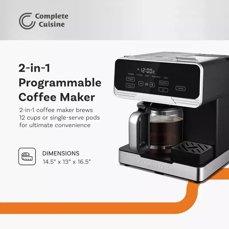 Complete Cuisine 2-in-1 Programmable 12-Cup Coffee Maker, Single-Serve Pod  Ground Brewer with Reusable Filter, Timer, Black/Silver
