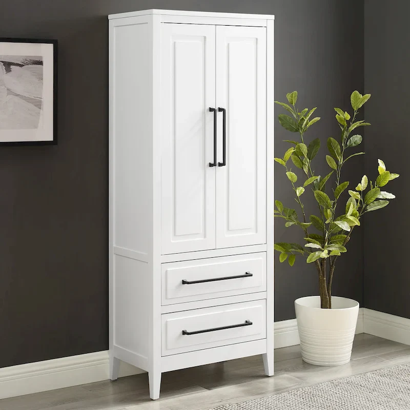 White Freestanding Storage Pantry Cabinet with Adjustable Shelves, 2 Drawers & Cable Management – 1-Piece