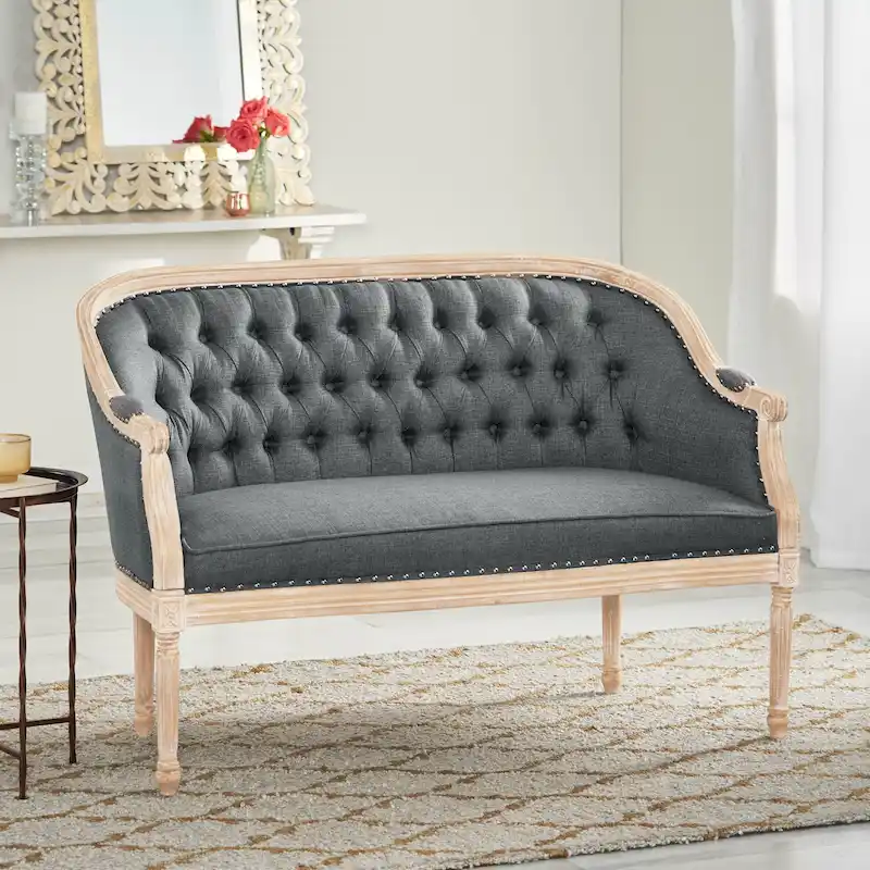 Button-Tufted Upholstered Loveseat with Scrolled Arms and Nailhead Trim