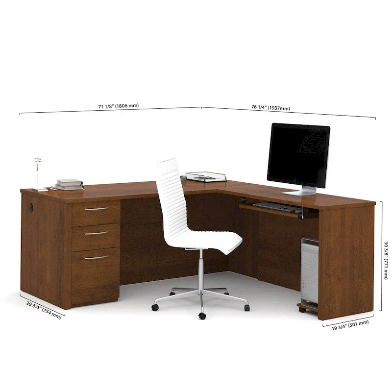 Brown L-Shaped Desk with Keyboard Tray and 3 Drawers