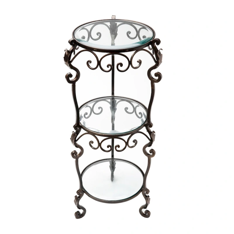 3 Tier Bronze Iron Acanthus Leaf Table with Beveled Glass - 12.5x12.5x34