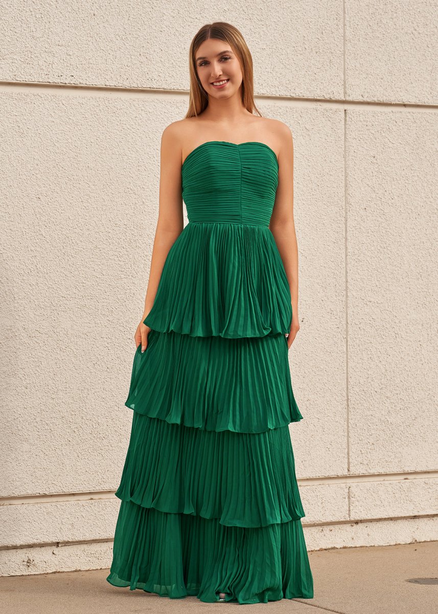 Strapless Emerald Green Ruffle Multi-Layer Long Prom Dress