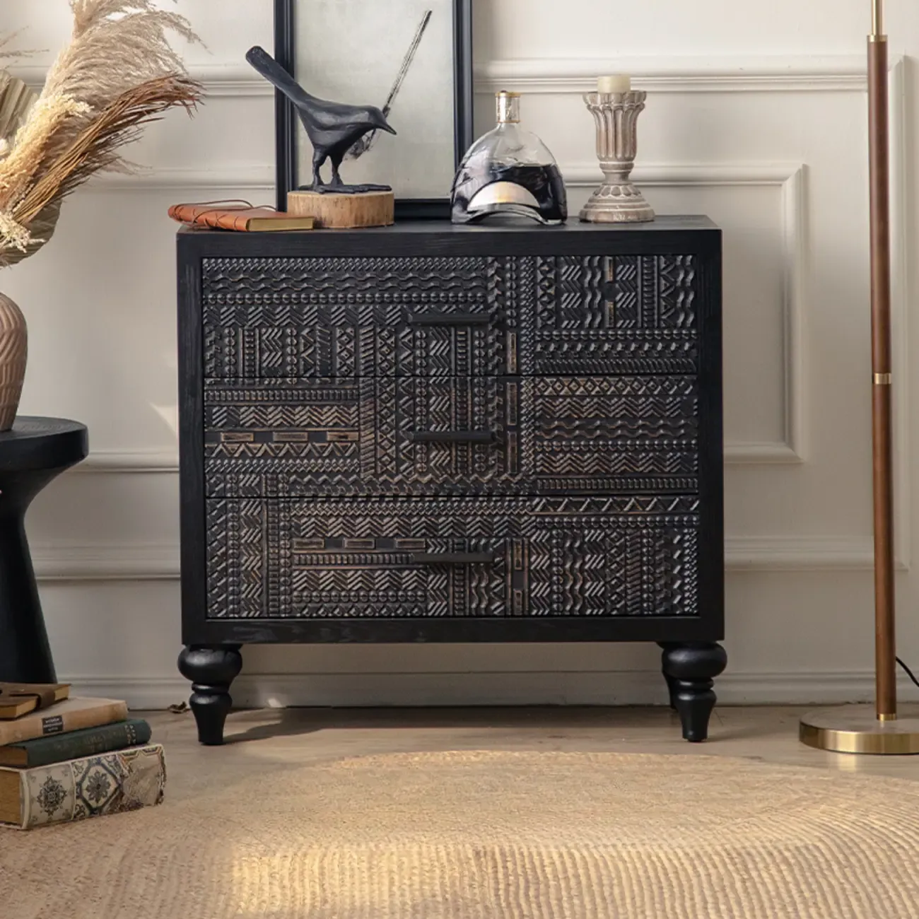 Artistic Pattern Wood Black Cabinet Sideboard in 3-Shelf