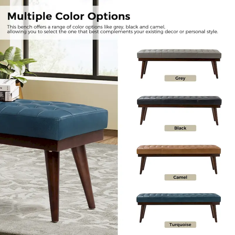 Genuine Leather Tufted Bench with Solid Wood Base