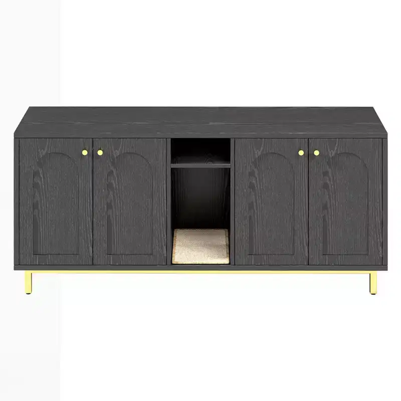 KOLIGEY Black Litter Box Enclosure with Storage Cabinet - Large Capacity, Double Magnetic Door Design, Built-in Scratching Pad