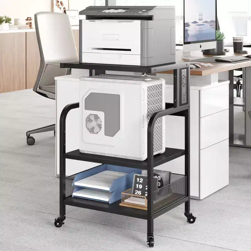 3-Tier Rolling Printer Stand with Power Outlets, Heavy Duty Utility Storage Cart  Mobile Printer Stand with Adjustable Shelves for Home and Office