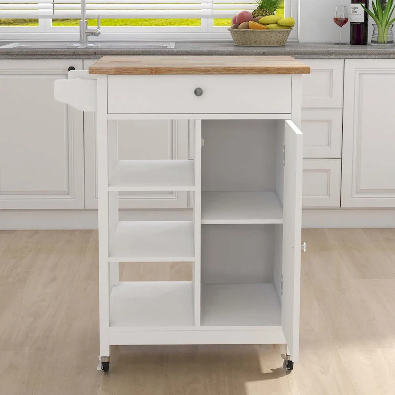 White Rolling Kitchen Island with Towel Rack