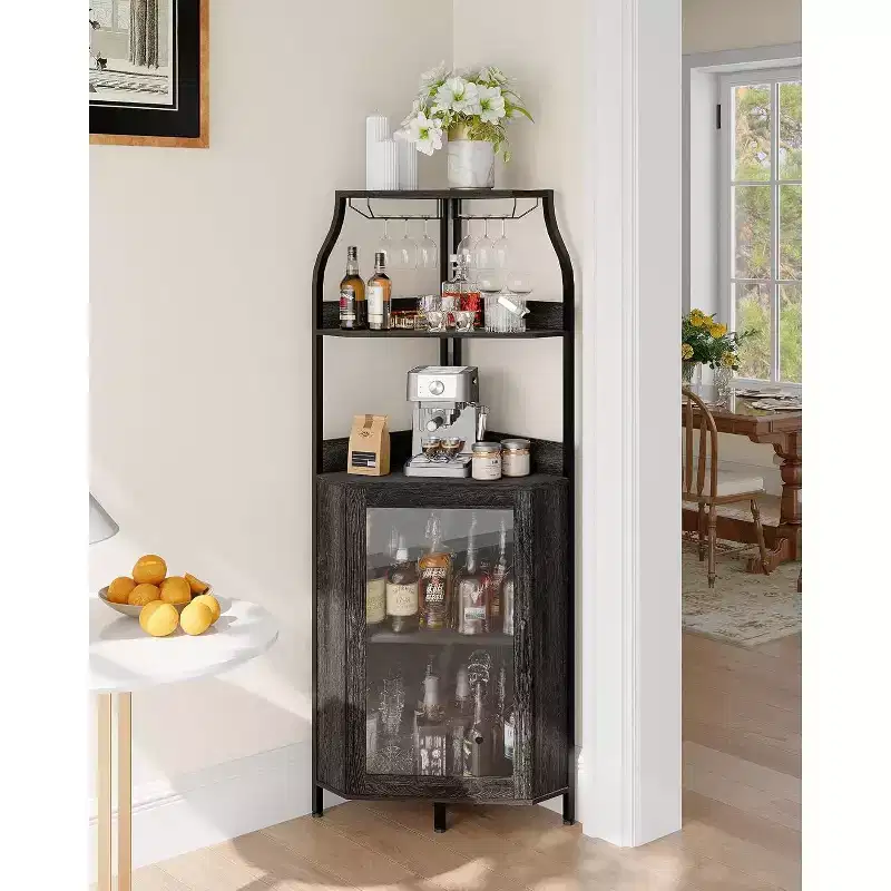 68 Inch Corner Bar Cabinet,5-Tier Industrial Wine Cabinet,Strip & Glass Holder for Small Space,12-Color, Tempered Glass Door for Kitchen,Living Room