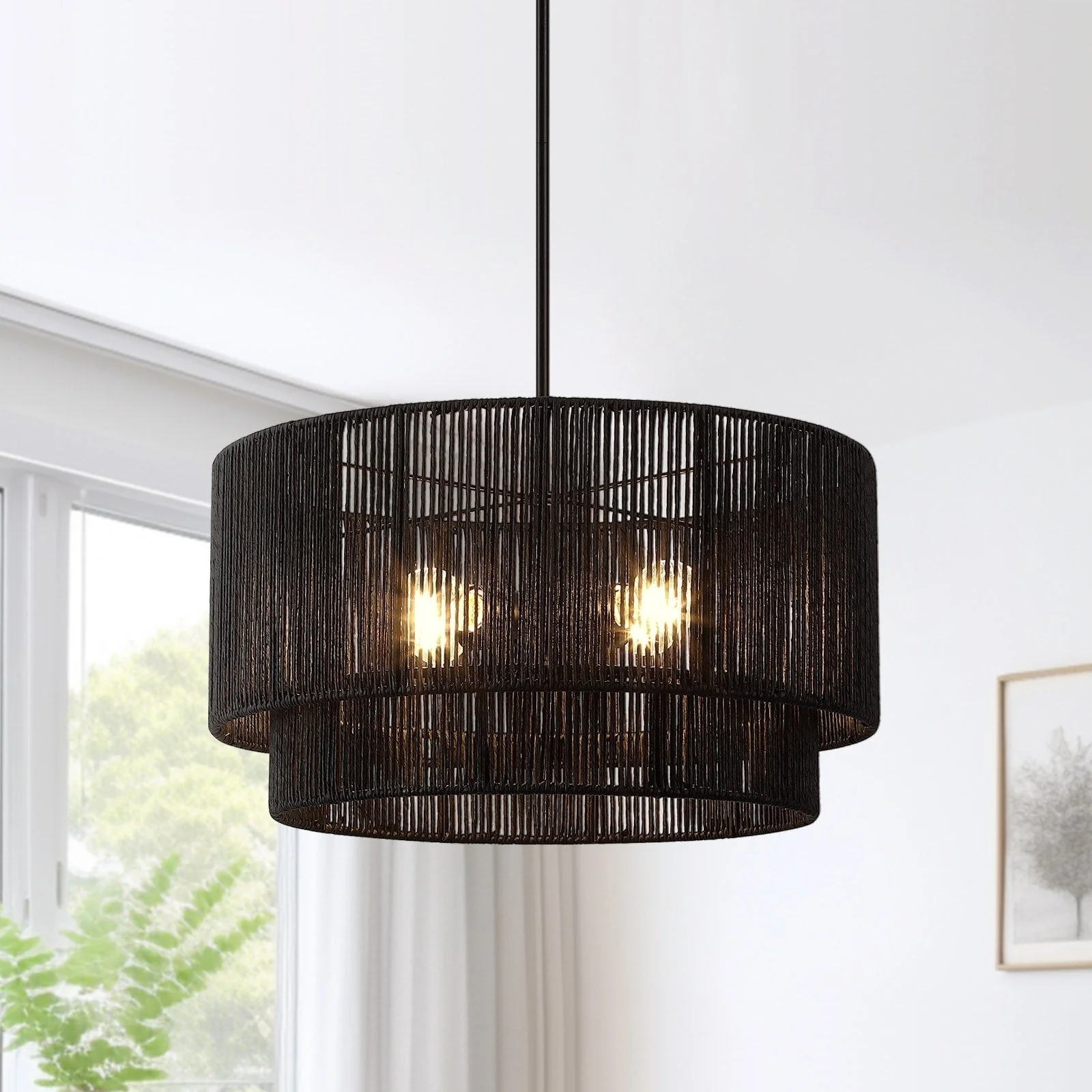 Cynthia 4-Light Black Rattan Drum Chandelier Light - 22