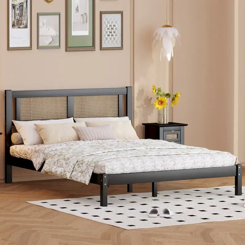 Black / White Natural Rattan Headboard Platform Bed with Wood Slats, Boho Style, Full / Queen, 2-Person
