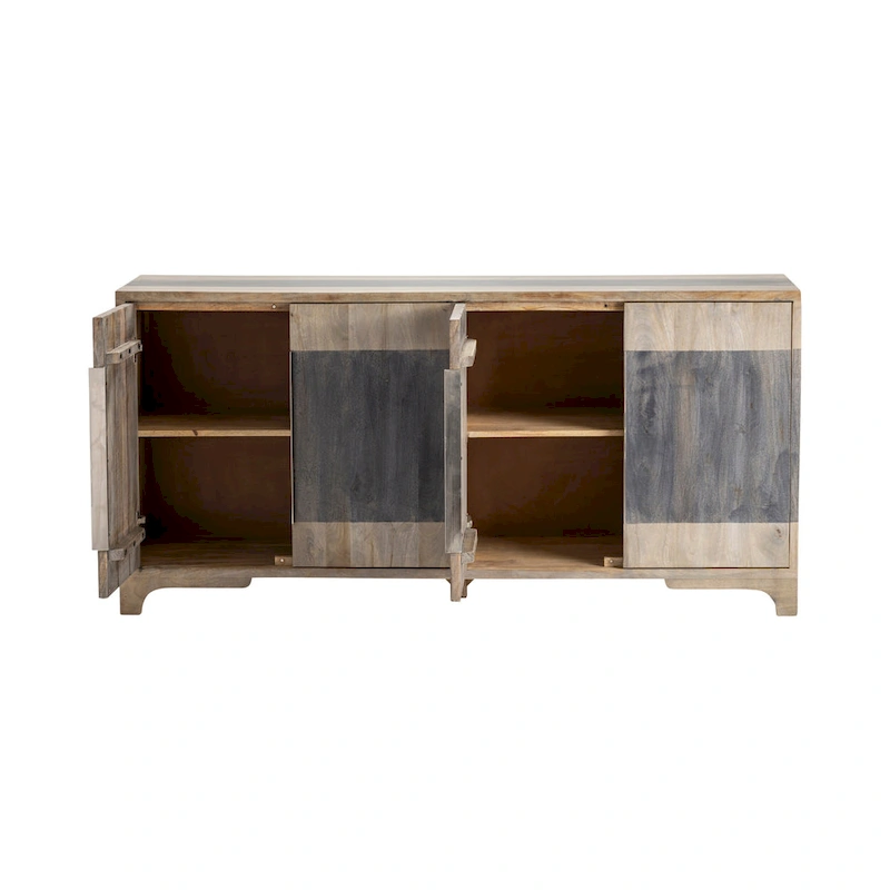 Mango Wood Four-Door Two Toned Living Room Buffet Sideboard, Coffee Bar Cabinet - 70W x 18D x 33.5H