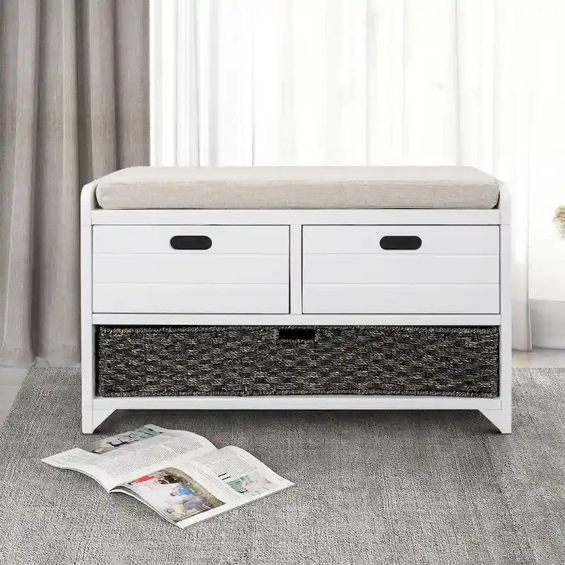 Modern Farmhouse Style Wooden Bench with 2 Drawers and a Woven Storage Basket