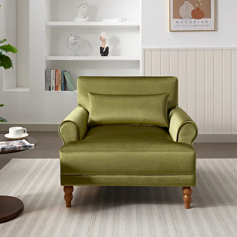 Green / White / Beige Velvet Accent Chair, Single Seat, Round Armrest Style