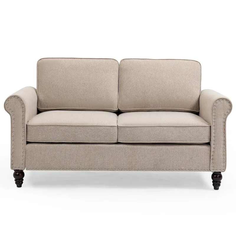 Light Beige Linen Loveseat with Solid Wood Frame, 2-Seater