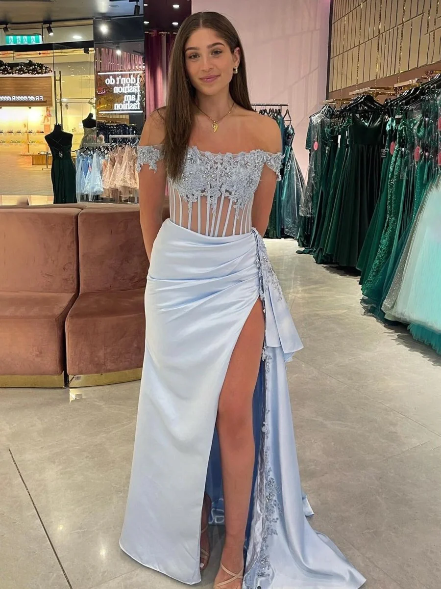 Off the Shoulder Satin Beaded Prom Dress With Appliques