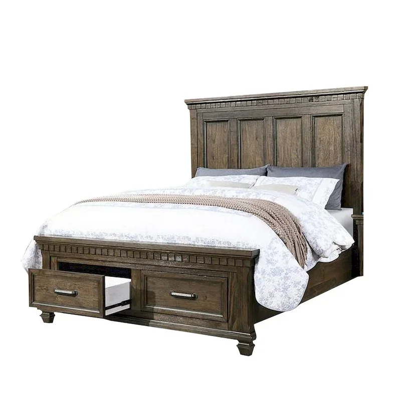 Ziv Classic Wood Queen Size Bed with Storage Drawers, Metal Handles, Brown