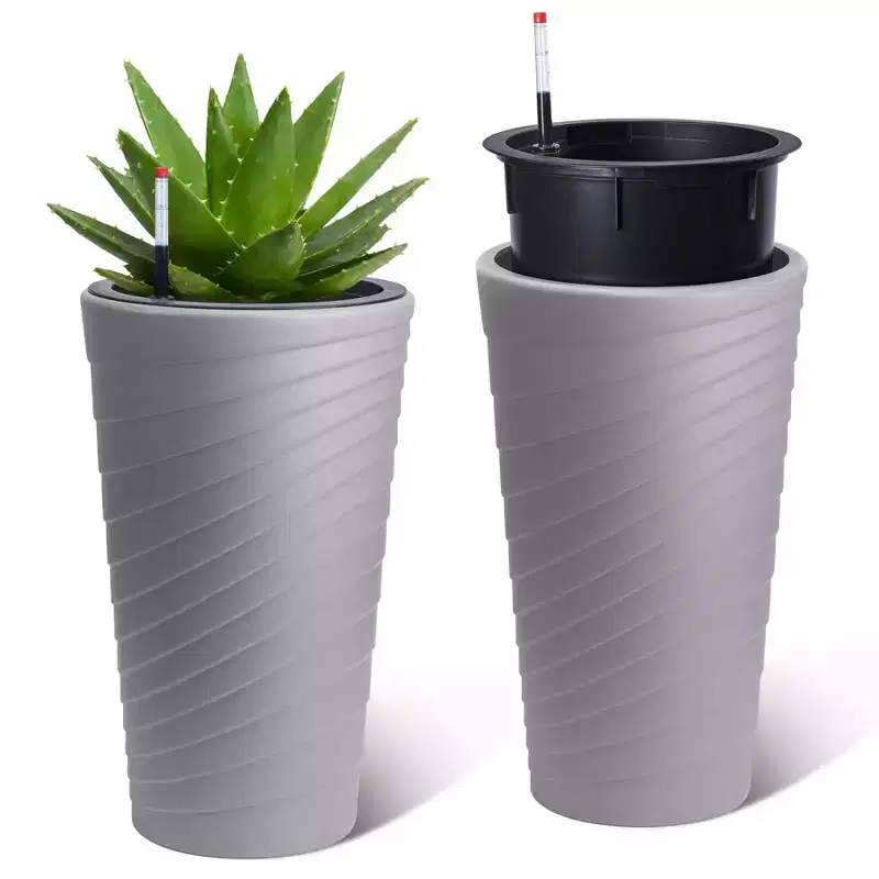 Gray Self-Watering Tall Planters Set of 2  23 Flower Pots with Water Level Monitor, Drainage Holes for Indoor & Outdoor Use