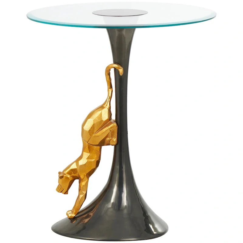 Aluminum Metal Leopard Accent Table with Gold Leopard Accent and Tempered Glass Top - Black