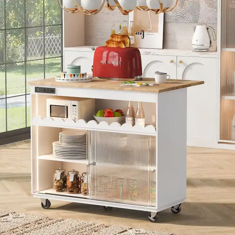 44 in. W Kitchen Island Rubberwood Drop-Leaf Countertop on 5 Wheels with Open Shelf and Wine Rack - 44