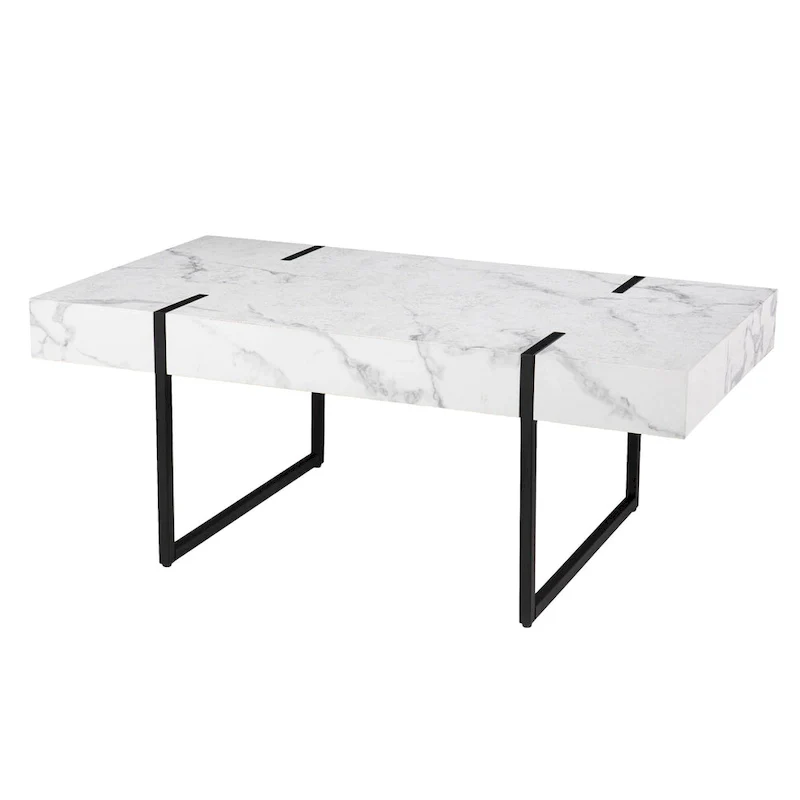 White Faux Marble Top Rectangular Coffee Table with Metal Frame – Modern Style