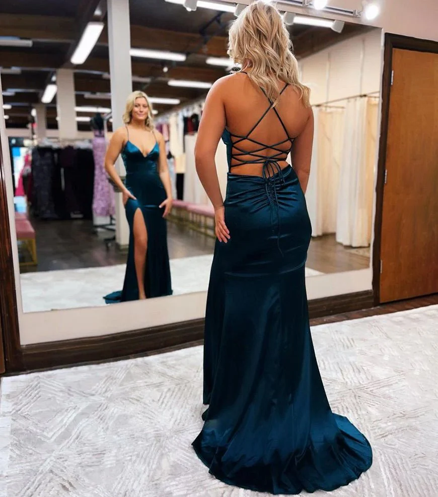 Mermaid Spaghetti Straps Satin Prom Dress with Slit