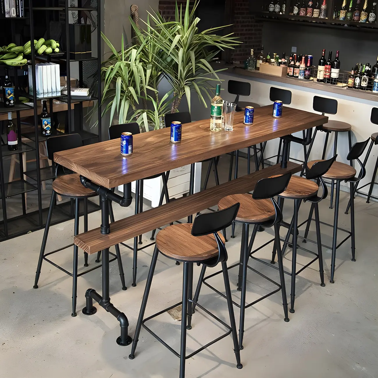 Rectangular Brown Pine Wood Bar Table with Footrest