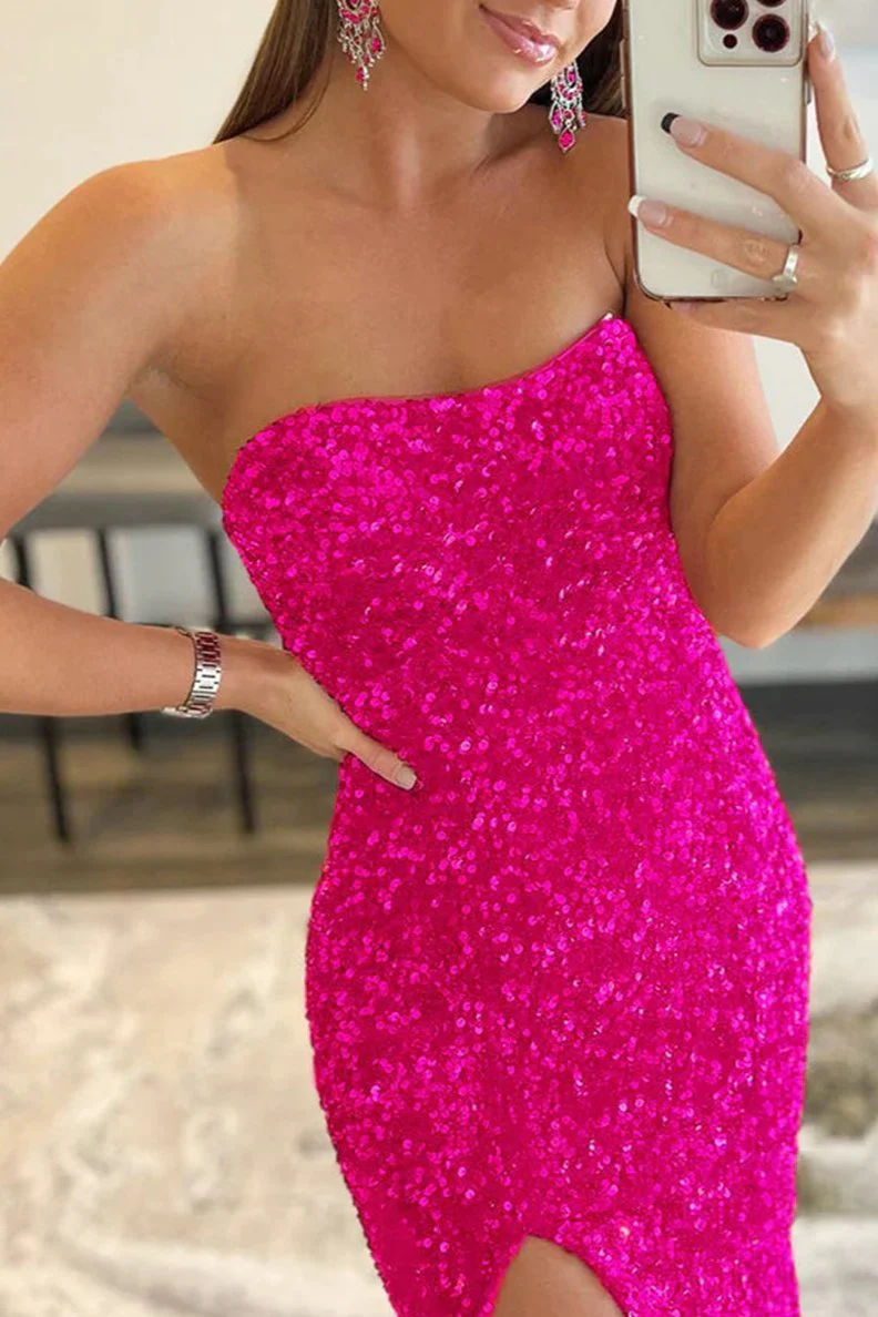 Mermaid Strapless Sequins Long Prom Dress with Slit