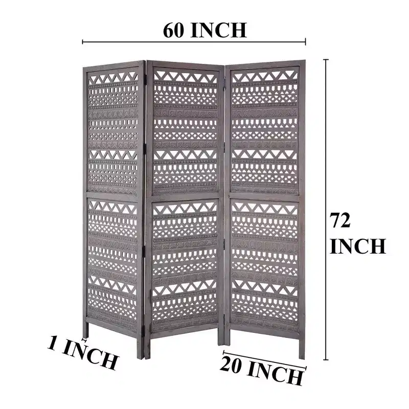 Royal Hampton 3 Panel Folding Mango Wood with Inticate Cut out Geometric Design Room Divider Screen