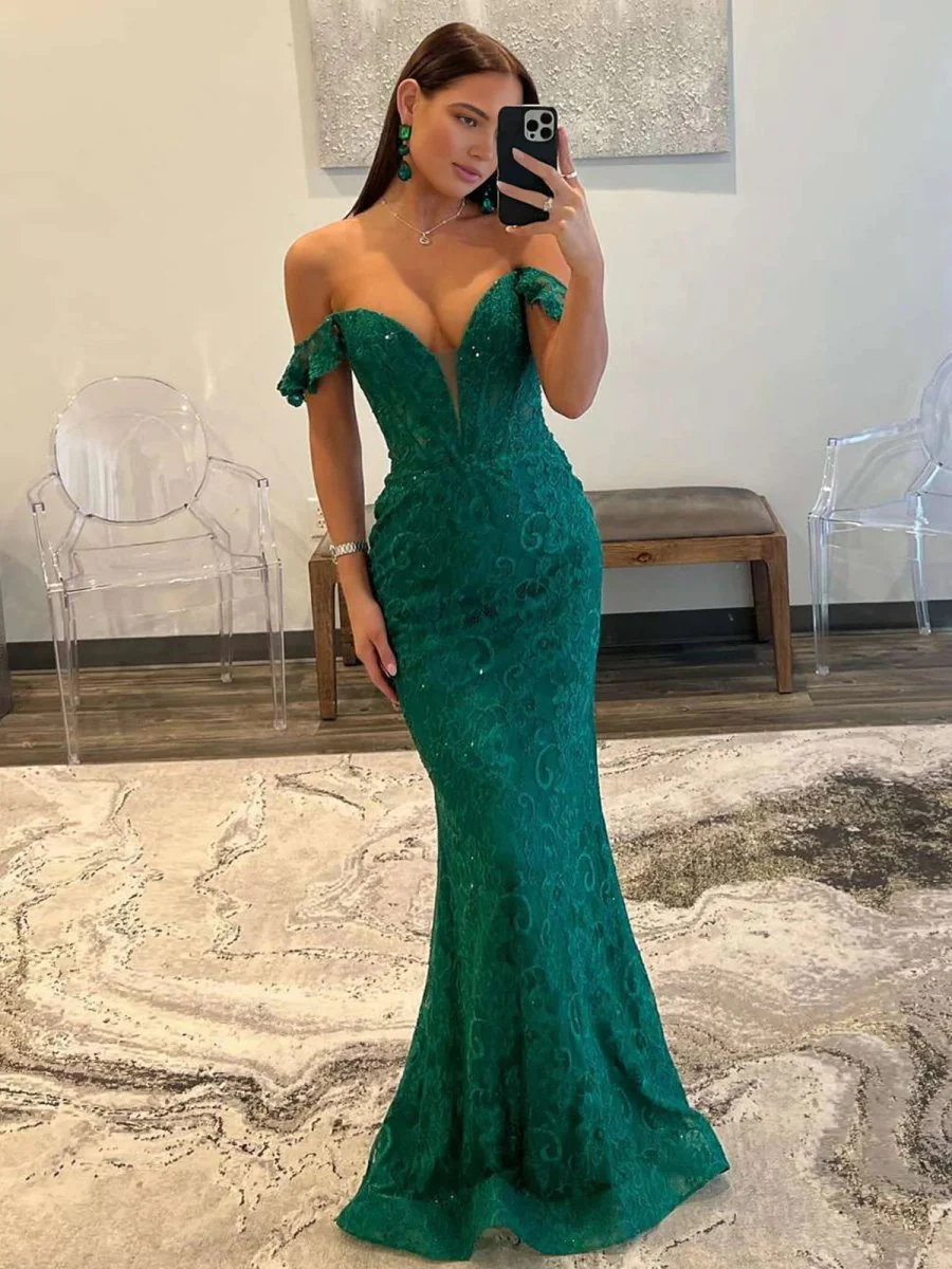 Mermaid Emerald Off the Shoulder Lace Long Prom Dress