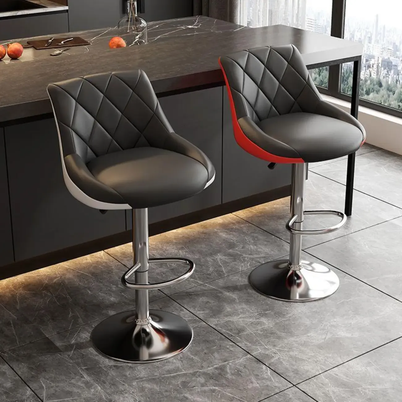 Diamond Tufted Swivel Bar Stool Adjustable Black Red PU Leather