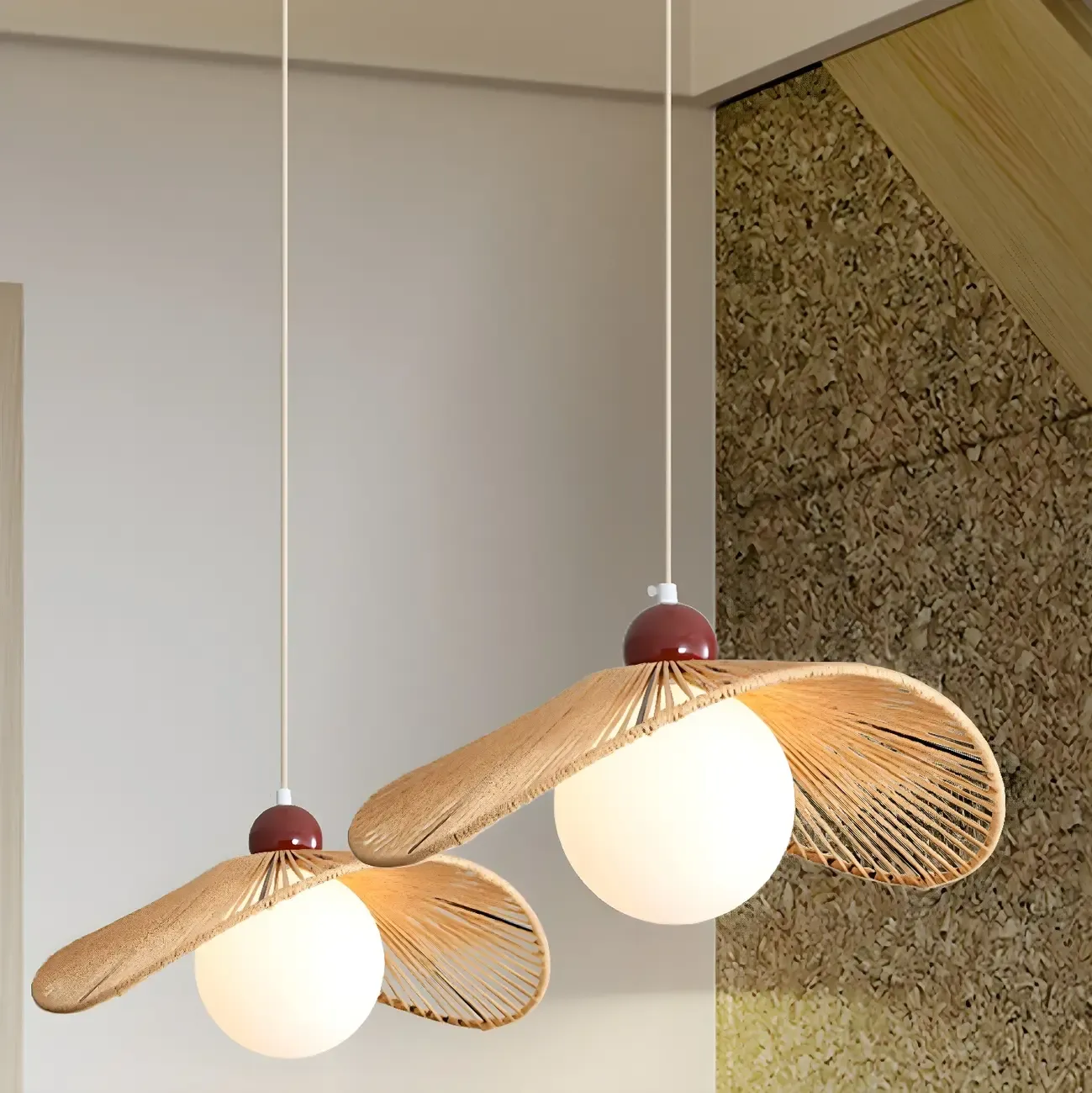 Rattan Curved White Glass Globe Pendant Light