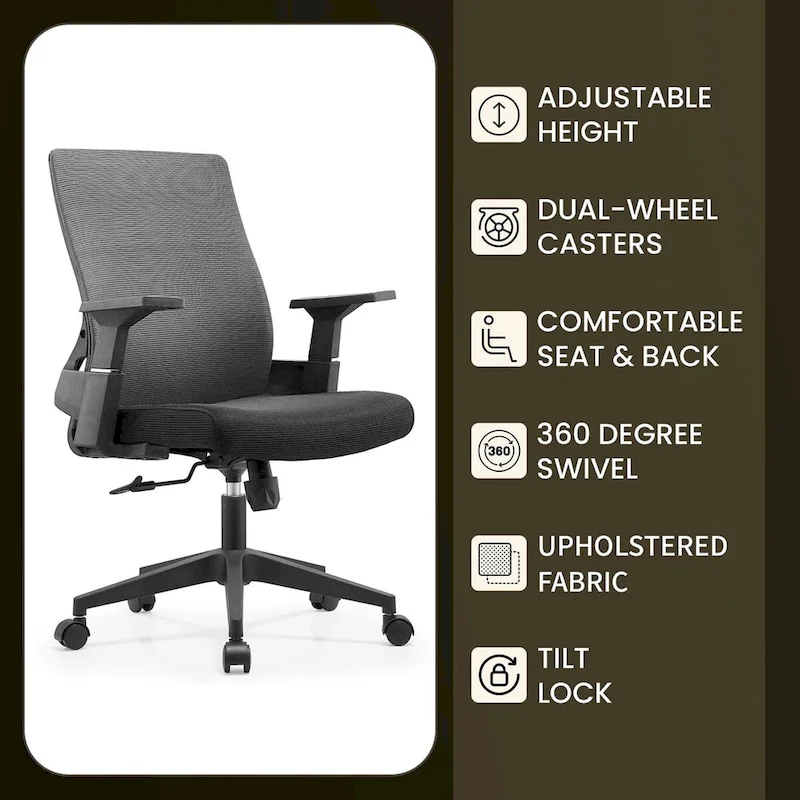 Adjustable Mid-Back Office Chair with 360-Degree Swivel and Tilt Brio Series by LeisureMod