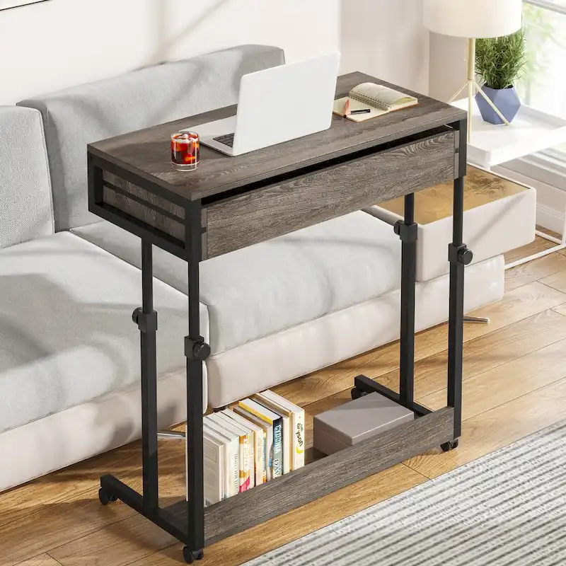 Height-Adjustable Side Table with Drawers and Wheels