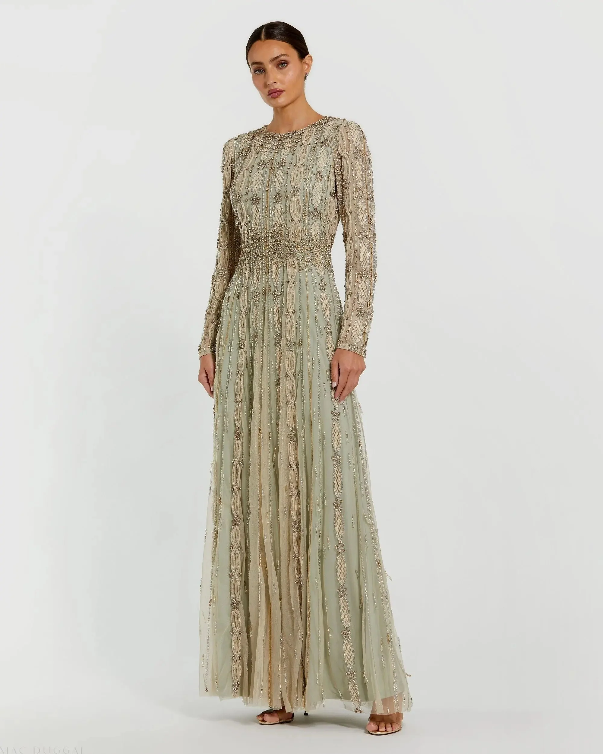 Green Embellished Mesh Long Sleeve A Line Gown