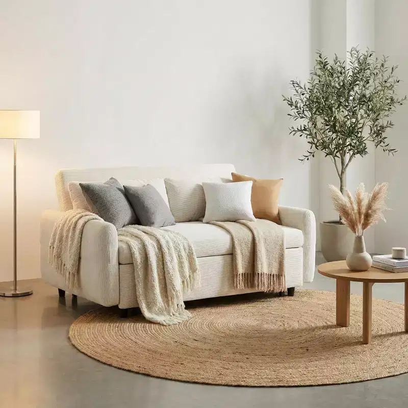 FurnitureR Modern Upholstered Sleeper Sofa with Pull-Out Bed, Convertible Loveseat Couch for Living Room, Apartment or Guest Room, Cream