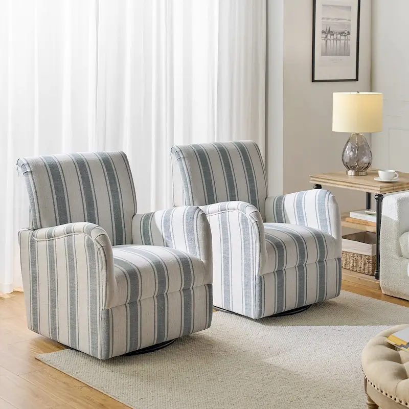Blue / Navy / Black / Grey Jacobean Stripe Traditional Swivel Armchair, Set of 2