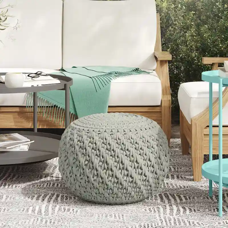 WYNDENHALL Cora Round Knitted Pouf in Light Grey Recycled PET Polyester